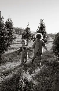 Black and white photo of siblings holding hands and walking through a Christmas tree farm during a seasonal mini photography session in Maine