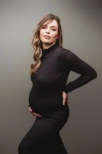 Pregnant mother poses for editorial studio Maternity Portraits at Holy City Babies Portrait Studio in Charleston, SC.