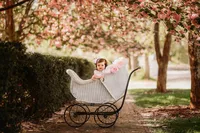 Charleston Baby Milestone Photographer - Baby posed in an antique carriage for Milestone Portraits in Charleston, SC