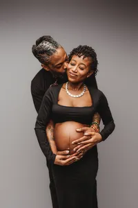Expectant parents pose for Fine Art, Editorial Style Studio Maternity Portraits in Charleston, SC.