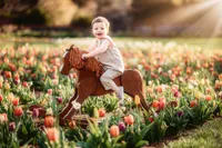 Charleston Baby Milestone Photographer - Baby posed on an antique rocking horse for Milestone Portraits in Charleston, SC