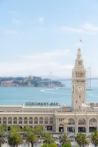 san francisco wedding hotel balcony getting ready view of ferry building