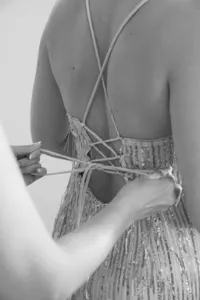 san francisco wedding bridesmaids getting ready in champagne dress for ceremony