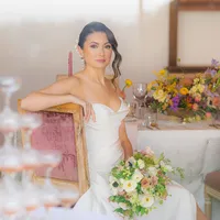 luxury bride through window with champagne tower at hollins house in santa cruz