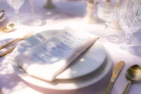 garden wedding plate setting with linen menu and shadows at rainbow oaks ranch in sanger california