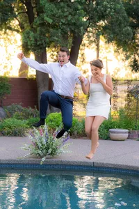 bride and groom exit jumping into pool at rainbow oaks ranch in sanger california