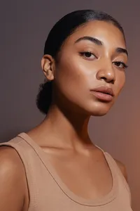 Tajah Moore in a close-up beauty portrait with glowing skin and delicate makeup, photographed by Ylva Erevall.