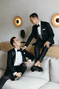 Engaged moment between two grooms before their wedding ceremony in San Sebastián