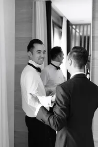 Two grooms getting ready together on their wedding day in San Sebastián