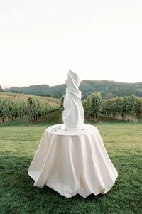Wedding cake centerpiece with vineyard backdrop sunset