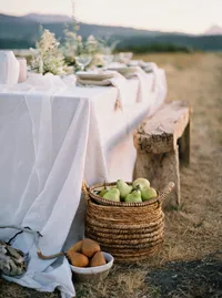 Outdoor table detail with basket of fruit and linen in natural wedding design