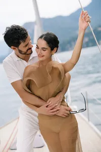 Editorial bridal fashion on sailboat during Lake Como celebration