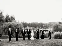 Black and white portrait of the bridal party together during the Lake Oswego Oregon winery wedding celebration.
