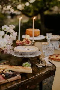 wedding table field with cakes pies and desserts