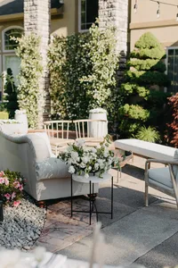 Luxury outdoor lounge setup with velvet seating at private estate wedding in Washington.