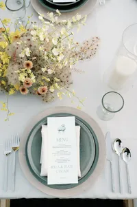 Bird’s-eye view of reception place setting with layered dinnerware, menu card, florals, and velvet linen.