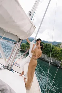 Couple embracing at sunset during Lake Como elopement
