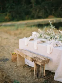 Outdoor wedding table with bench seating in warm natural landscape