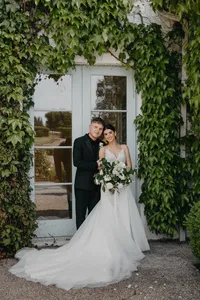 Bride and groom posing together at luxury private estate wedding in Vancouver, Washington.