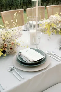 Close-up of reception table featuring stone green plates, velvet linen, silver flatware, and organic glassware.