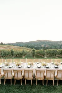 Reception tables styled with organic florals set against the winery backdrop at Lucid Wild Vineyard.