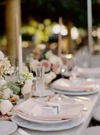 Reception table detail with romantic floral centerpiece, glassware, and organic table design at a Lake Oswego Oregon winery wedding.