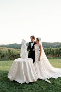 bride and groom cake cutting with rolling hills vineyard in the background
