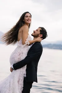 Couple embracing at sunset during Lake Como elopement