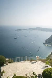 View over the Mediterranean coastline from Èze during a marriage proposal