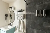 Bathroom space inside a Bluewater Basecamp chalet with guest-focused amenities.