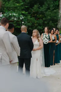 bride and groom standing at alter in the north carolina mountians