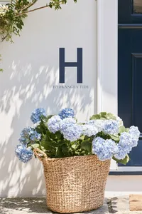 Hydrangea Tide submark logo from the coastal brand kit template displayed with a basket of blue hydrangeas