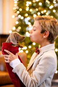 boy and dog at a Christmas family photo session in Orange County
