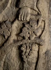 Stone carving on a wall of the ancient cellar from the interior of Chateau Malescot St Exupery showing ther orignal coat of arms.