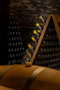 Sparkling wine bottles arranged at an angle in wooden racks inside the historic Bründlmayer cellars.
Copy alt text