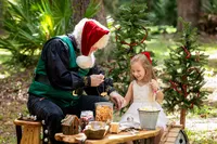 Young girl decorates nature-inspired Christmas ornaments with Santa during a Santa's Enchanted Forest photography session in St. Johns, Florida with Nature's Child Photography, surrounded by woodland holiday decorations, outdoor Christmas trees, and festive forest magic.