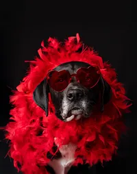 Jacksonville, FL pet portrait session capturied by Nature's Child Photography in her Mandarin, studio featuring a black lab mix dressed in oversized red heart glasses and a vivid feather boa, photographed against a solid black background.