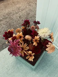 Hand-tied bouquet featuring seasonal dahlias and specialty blooms grown by Roam & Ivy.