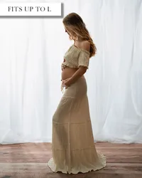 Cream two-piece maternity set with a linen crinkle textured skirt and a matching short sleeve off-the-shoulder top.