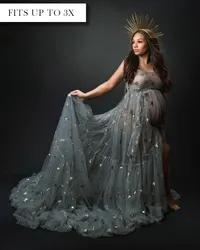 Sheer blue-gray maternity gown with gold star embellishments and a full skirt from Kelsey Freeman's client closet.