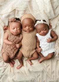 Sleeping newborn triplets in organic knitted outfits, nestled side by side on a cream blanket.
