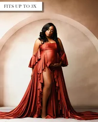 Rust maternity gown with an off-the-shoulder neckline, fitted bodice, cascading sleeve ruffles, and high slit.