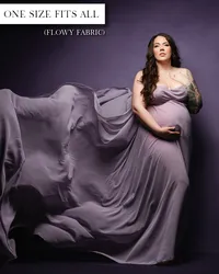 Lavender maternity gown with a draped strapless neckline, fitted bodice, and a wide, flowing train.