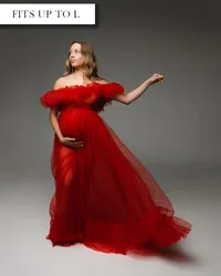 Red maternity gown with a ruffled off-the-shoulder neckline and sheer full skirt from Kelsey Freeman's client closet.