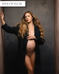 Oversized navy blue men's suit coat with pinstripes left unbuttoned to reveal the pregnant belly underneath.