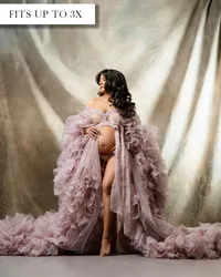 Pale purple maternity robe with an open front, oversized ruffled sleeves, and layers of ruffles along the train.