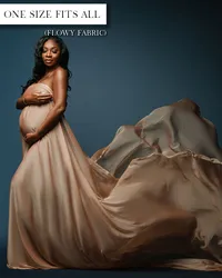 Strapless champagne maternity gown with a flowing train from Kelsey Freeman's client closet.