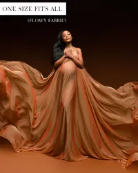 Copper maternity gown with a strapless neckline, softly draped silhouette, and a broad train flowing to both sides.