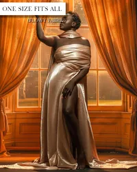 Champagne maternity wrap with a high neckline, separate bandeau, draped skirt, and a high leg opening.