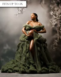 Olive green maternity gown with an off-the-shoulder neckline, ruffled trim, open front, and long train.